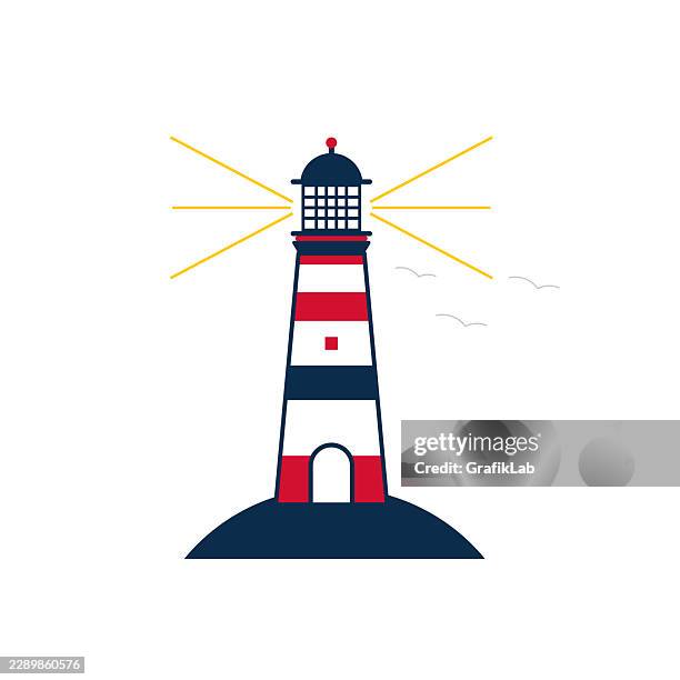 isolated lighthouse graphic emitting light beams - lighthouse beacon stock illustrations