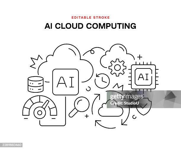ai cloud computing line art banner concept - cloud security stock illustrations