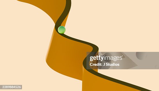 Glossy green sphere balanced on flowing mustard wave like structure with soft shadows on peach surface conveying continuity and focus Glossy green sphere balanced on flowing mustard wave like structure with soft shadows on peach surface conveying continuity and focus