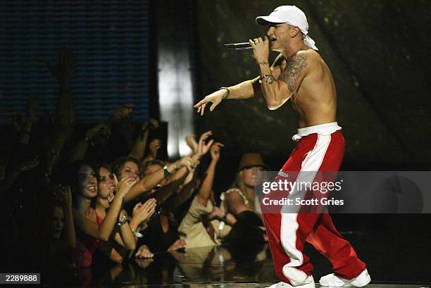 Eminem onstage performing at the 2002 MTV Video Music Awards at Radio City Music Hall in New York City, August 29, 2002. Photo by Scott...