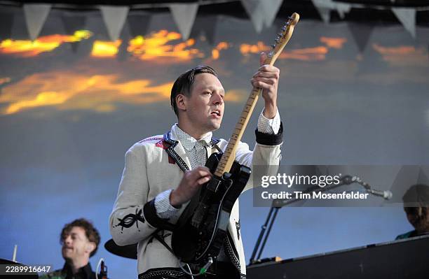 Win Butler of Arcade Fire performs during the Outside Lands Music & Arts festival at the Polo Fields in Golden Gate Park on August 14, 2011 in San...