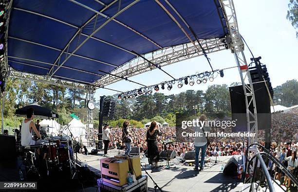 Ryan Rabin, Christian Zucconi, Hannah Hooper, and Andrew Wessen of Grouplove perform during the Outside Lands Music & Arts festival at the Polo...