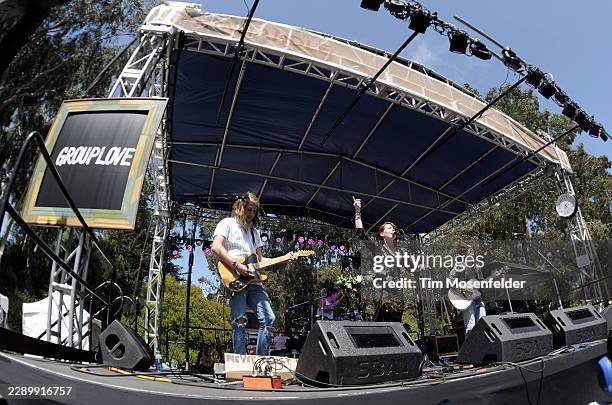 Andrew Wessen, Hannah Hooper, and Christian Zucconi of Grouplove perform during the Outside Lands Music & Arts festival at the Polo Fields in Golden...