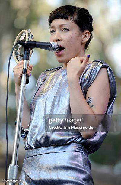 Yukimi Nagano of Little Dragon performs during the Outside Lands Music & Arts festival at the Polo Fields in Golden Gate Park on August 14, 2011 in...
