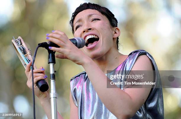 Yukimi Nagano of Little Dragon performs during the Outside Lands Music & Arts festival at the Polo Fields in Golden Gate Park on August 14, 2011 in...
