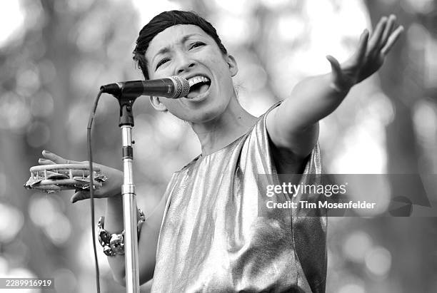 Yukimi Nagano of Little Dragon performs during the Outside Lands Music & Arts festival at the Polo Fields in Golden Gate Park on August 14, 2011 in...