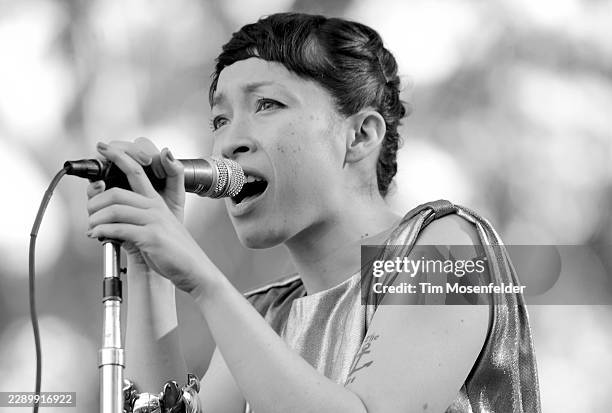 Yukimi Nagano of Little Dragon performs during the Outside Lands Music & Arts festival at the Polo Fields in Golden Gate Park on August 14, 2011 in...