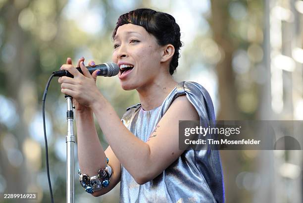 Yukimi Nagano of Little Dragon performs during the Outside Lands Music & Arts festival at the Polo Fields in Golden Gate Park on August 14, 2011 in...