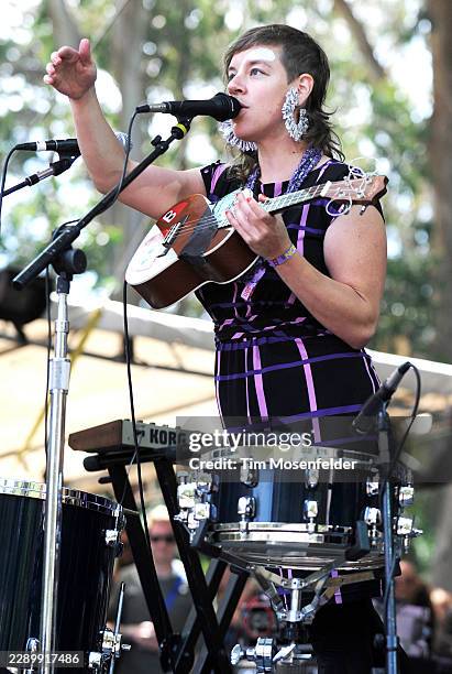 Merrill Garbus of Tune-Yards performs during the Outside Lands Music & Arts festival at the Polo Fields in Golden Gate Park on August 14, 2011 in San...