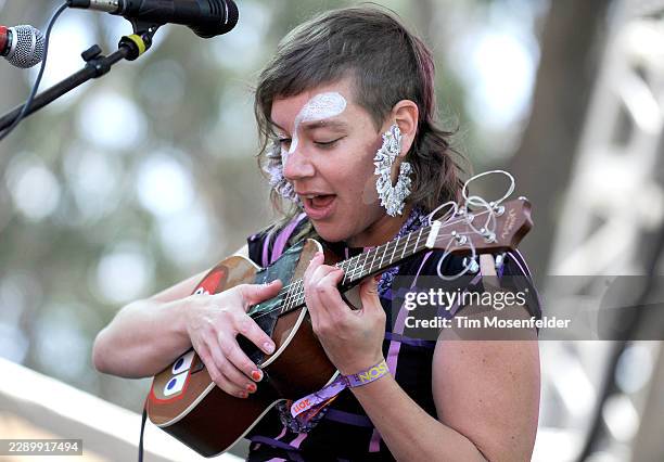 Merrill Garbus of Tune-Yards performs during the Outside Lands Music & Arts festival at the Polo Fields in Golden Gate Park on August 14, 2011 in San...