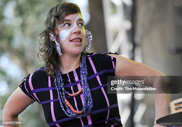 Merrill Garbus of Tune-Yards performs during the Outside Lands Music & Arts festival at the Polo Fields in Golden Gate Park on August 14, 2011 in San...