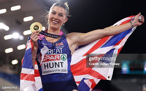 Amy Hunt of Team Great Britain with her gold medal after the Women's 100 Metres Final during day one of the 27th European Athletics Championships at...