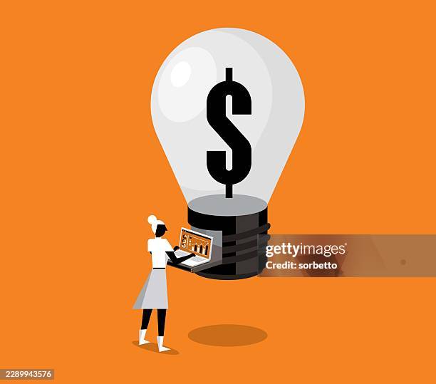 businesswoman - online analysis - lightbulb - digital transformation cloud stock illustrations