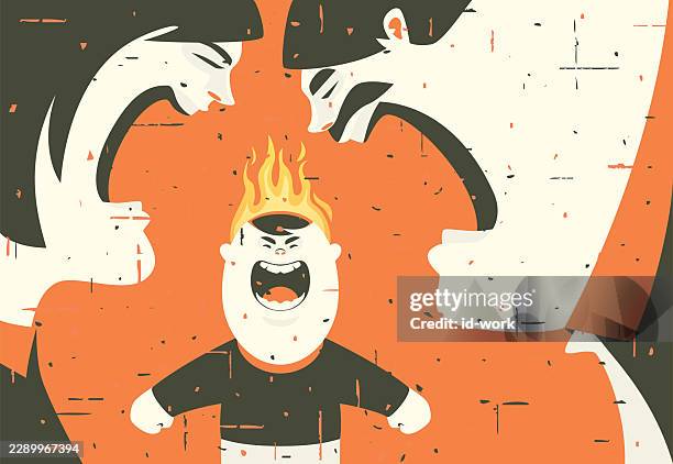 angry parents blaming furious kid whose head on fire - missing children stock illustrations