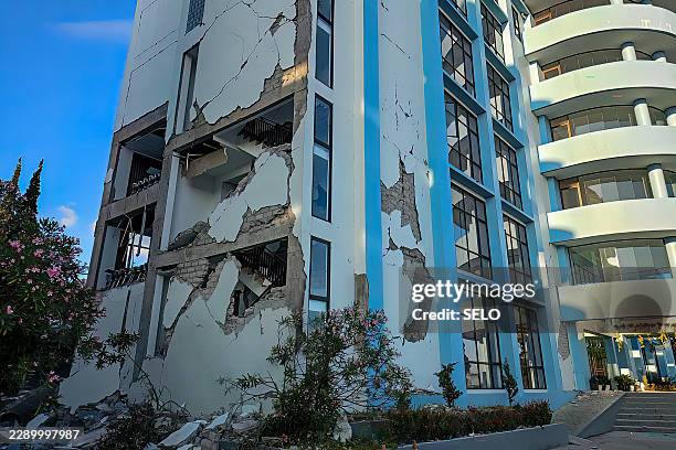 Damaged building is seen following a 7.7-magnitude earthquake in Ruteng, Manggarai, East Nusa Tenggara, on August 15, 2026. A strong 7.7-magnitude...