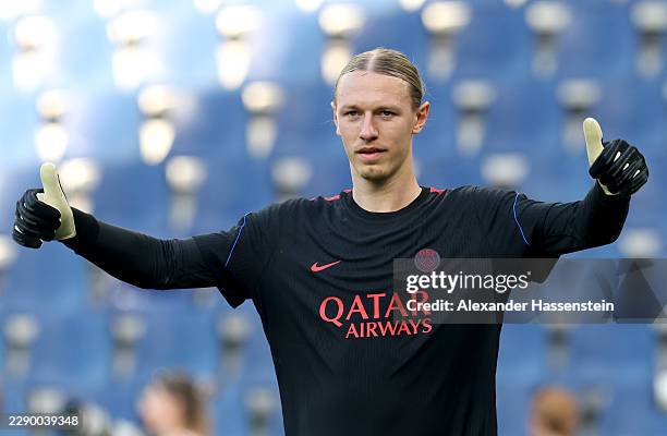 Matvey Safonov of Paris Saint-Germain trains during a Paris Saint-Germain Training Session prior to the UEFA Super Cup 2026 at Stadion Salzburg on...