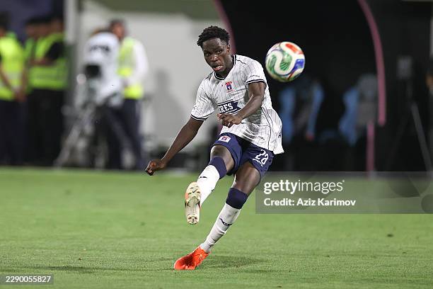 Tómas Óli Kristjánsson of Aarhus kicks the ball during the UEFA Champions League Third Qualifying Round 2nd leg between Sabah and Aarhus at Alinja...