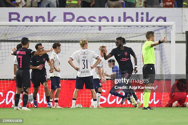 Steve Solvet of Sabah celebrates scoring his team's second goal during the UEFA Champions League Third Qualifying Round 2nd leg between Sabah and...