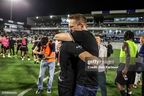 Head coach of Sabah Valdas Dambrauskas celebrates winning after match the UEFA Champions League Third Qualifying Round 2nd leg between Sabah and...