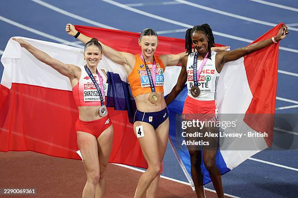 Silver medallist, Pia Skrzyszowska of Team Poland, gold medallist, Nadine Visser of Team Netherlands, and Laeticia Bapte of Team France, pose for a...