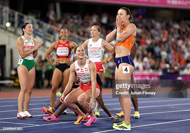 Nadine Visser of Team Netherlands reacts after winning the gold medal in the Women's 100 Metres Hurdles Final during day two of the 27th European...