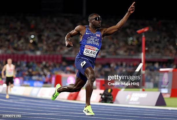 Romell Glave of Team Great Britain celebrates after winning the Men's 100 Metres Final during day two of the 27th European Athletics Championships at...