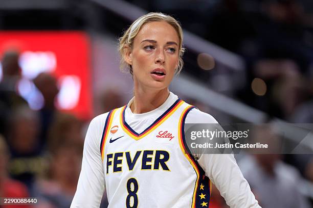 Sophie Cunningham of the Indiana Fever looks on against the New York Liberty during the first half at Gainbridge Fieldhouse on August 11, 2026 in...
