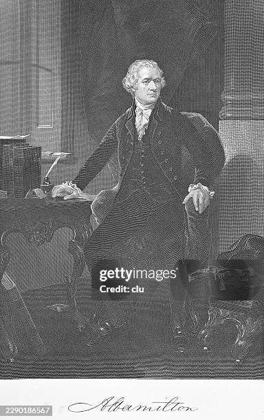 alexander hamilton in an elegant interior beside a writing desk — the american statesman and founding father stands in formal 18th-century clothing with one hand resting near books, papers and writing implements - alexander hamilton stock illustrations