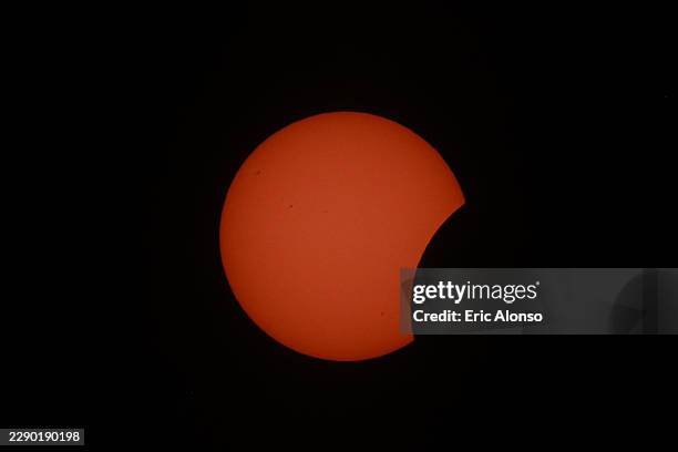 Partial solar eclipse is seen prior the total solar eclipse on August 12, 2026 in Segur de Calafell, Spain. It was the first time a total solar...