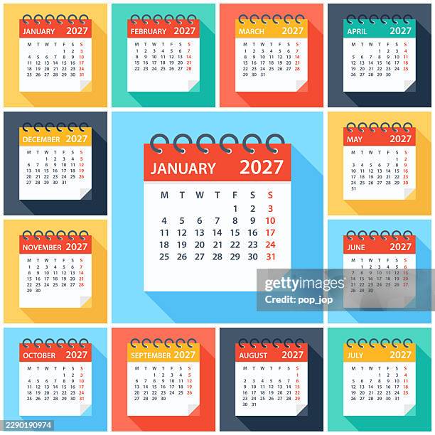 calendar 2027 - flat modern colorful. week starts on monday - post it background stock illustrations