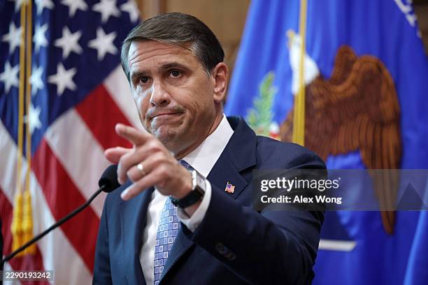 Attorney General Todd Blanche speaks during a news conference at the Justice Department on August 12, 2026 in Washington, DC. Blanche held a news...