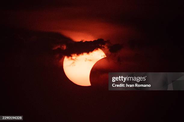 General view of the sun and moon during the eclipse in the gulf of Naples on August 12, 2026 in Naples, Italy.