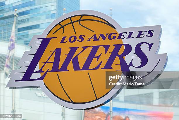 The Lakers logo is displayed outside Crypto.com Arena, home of the NBA's Los Angeles Lakers, on August 12, 2026 in Los Angeles, California. Los...