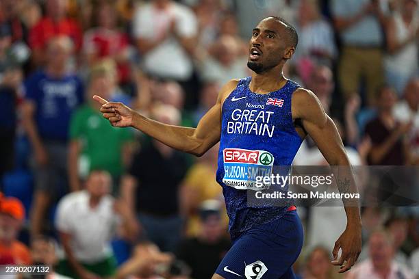 Gold medallist, Matthew Hudson-Smith of Team Great Britain, celebrates after victory in the Men's 400m Final during day three of the 27th European...