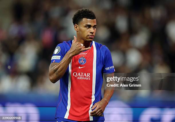 Desire Doue of Paris Saint-Germain celebrates scoring his team's second goal during the UEFA Super Cup 2026 match between Paris Saint-Germain and...