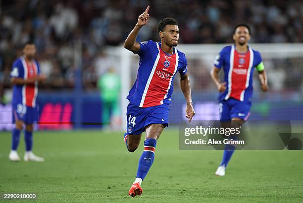 Desire Doue of Paris Saint-Germain celebrates scoring his team's second goal during the UEFA Super Cup 2026 match between Paris Saint-Germain and...