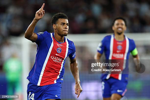 Desire Doue of Paris Saint-Germain celebrates scoring his team's second goal during the UEFA Super Cup 2026 match between Paris Saint-Germain and...