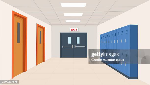 school hallway with lockers, classroom doors and emergency exit - locker room stock illustrations