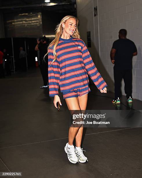 Sophie Cunningham of the Indiana Fever arrives to the arena before the game against the Atlanta Dream on August 16, 2026 at State Farm Arena in...