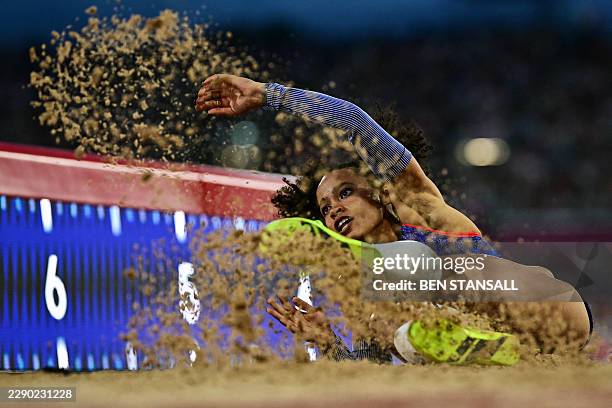 Britain's Jazmin Sawyers competes in the women's long jump final during the European Athletics Championships at Alexander Stadium in Birmingham on...