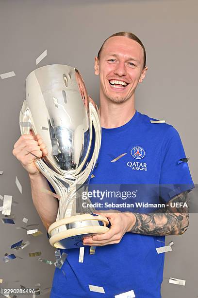 Matvey Safonov of Paris Saint-Germain take part in a Winner's Shoot after the team's victory in the UEFA Super Cup 2026 match at Stadion Salzburg on...