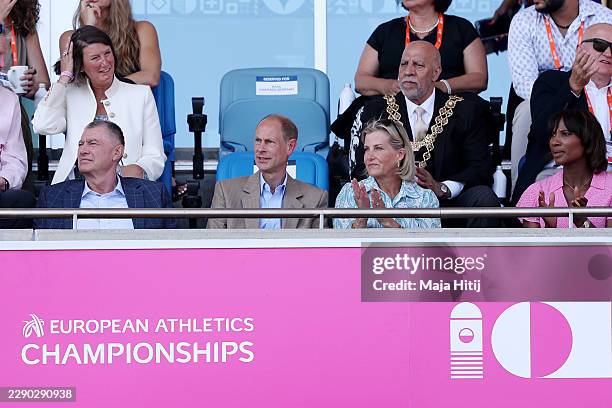 Prince Edward, Duke of Edinburgh, and Sophie, Duchess of Edinburgh, attend day four of the 27th European Athletics Championships at Alexander Stadium...