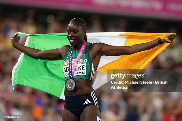 Silver medalist Rhasidat Adeleke of Team Ireland poses for a photo after the Women's 200m Final during day four of the 27th European Athletics...