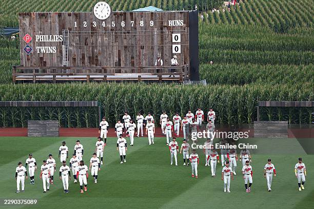 The Philadelphia Phillies and the Minnesota Twins take the field prior to a game at Field of Dreams on August 13, 2026 in Dyersville, Iowa.