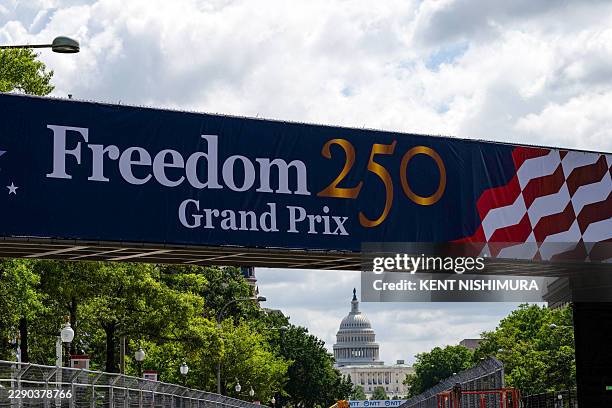 Gantry that spans Pennsylvania Avenue shows the signage for the IndyCar series Freedom 250 Grand Prix on the National Mall in Washington, DC, on...