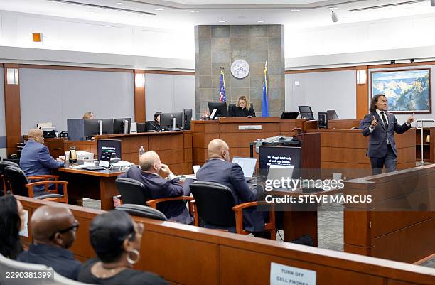 Duane Davis listens as his attorney Michael Sanft delivers opening statements in Davis's murder trial, related to the 1996 killing of rapper Tupac...