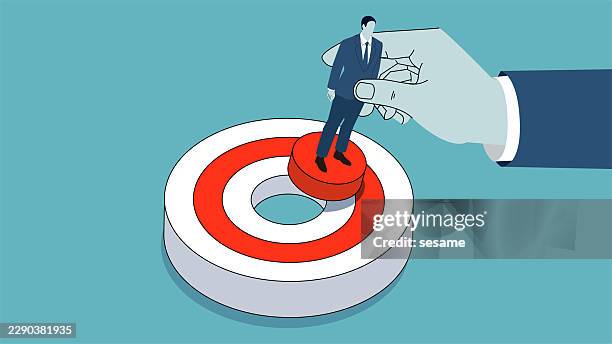 objectives or tasks, setting career or business plans, setting next goals. isometric view hand holds the merchant to complete the bullseye puzzle - closing gap stock illustrations