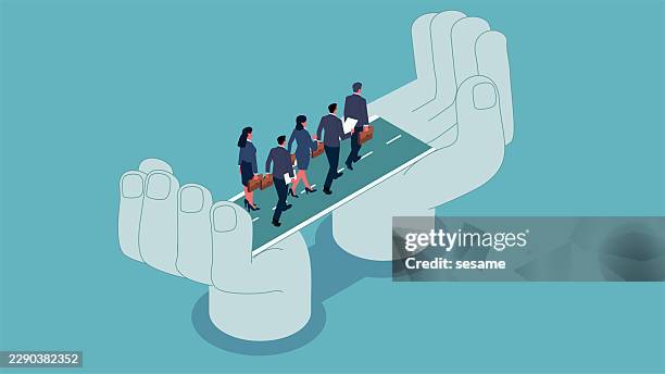 support and assistance, advice and guidance. the isometric view shows two hands supporting the bridge, helping the merchant reach the other end - crossing bridge stock illustrations