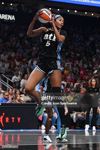 Angel Reese of Atlanta grabs a rebound during the WNBA game between the Indiana Fever and the Atlanta Dream on August 16th, 2026 at State Farm Arena...