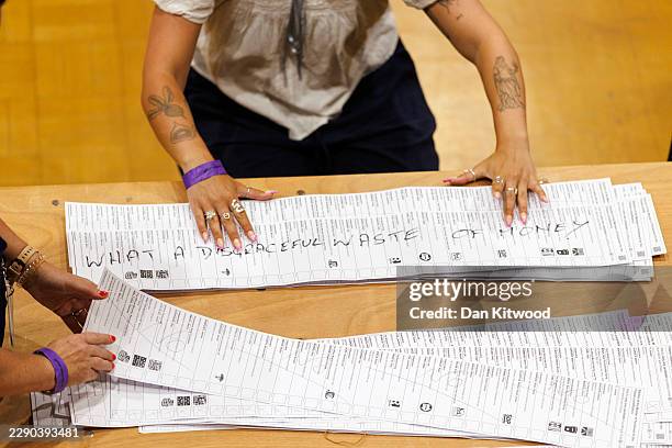 Election workers sort through spoilt ballots at Clacton Leisure Centre after voting closed in the Clacton-on-Sea By-election on August 14, 2026 in...